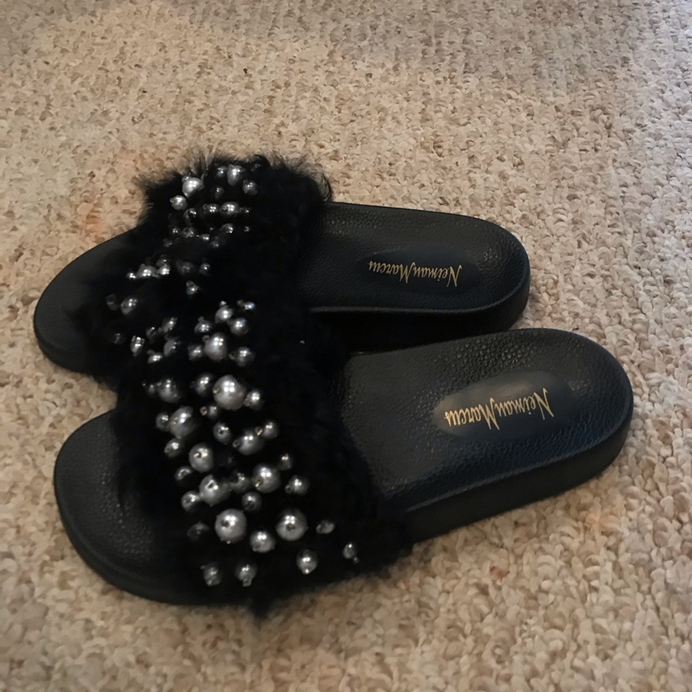 Neiman Marcus furry slides/ slippers